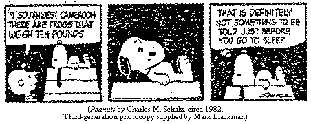 Charlie Brown, to Snoopy on top of doghouse:
    "In southwest Cameroon there are frogs that weigh ten pounds."
Snoopy, after a pause for thought:
    "That is definitely not something to be told
     just before you go to sleep."
(PEANUTS by Charles M. Schulz, circa 1982.  
Third-generation photocopy supplied by Mark Blackman)