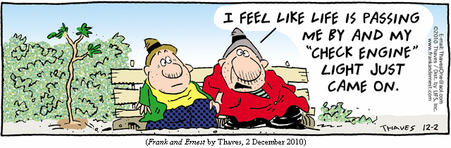 One guy to another on a park bench:
     "I feel like life is passing me by and my 'CHECK ENGINE' light 
      just came on."
(FRANK AND ERNEST by Thaves, 2 December 2010)