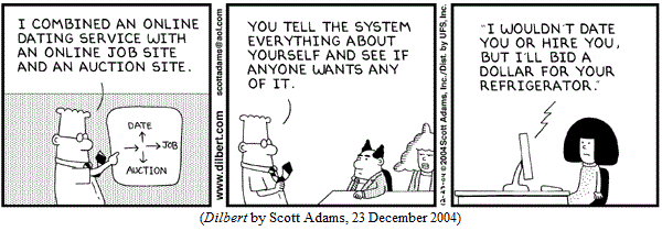 Dilbert, giving presentation:
   "I combined an online dating service with an online job site and an 
    auction site.  You tell the system everything about yourself and see if
    anyone wants any of it."
Co-worker in front of computer, reading screen:
   "I wouldn't date you or hire you, but I'll bid a dollar on your
    refrigerator."
(DILBERT by Scott Adams, 23 December 2004)