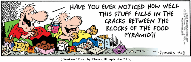 one guy to another, sitting in easy chairs surrounded by pizza, cookies, 
donuts, soda, cookies, and chips:
  "Have you ever noticed how well this stuff fills in the cracks between
   the blocks of the food pyramid?"
(FRANK AND ERNEST by Thaves, 18 September 2009)